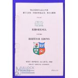 1968 British and I Lions Rugby Programme v Rhodesia: At Salisbury, 3/6/68, 30pp, punch holes