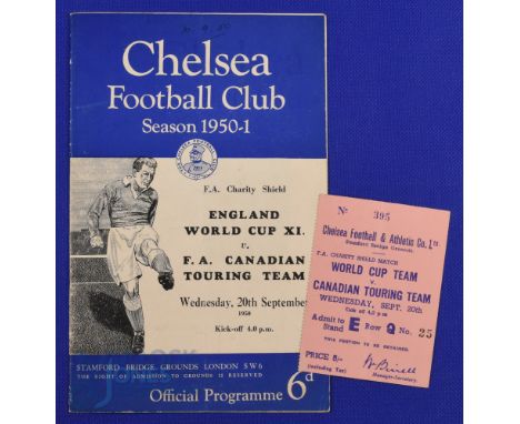 1950 Charity Shield at Stamford Bridge England (WC XI) v FA Touring Team (Canada) match programme 20 September 1950, kick-off