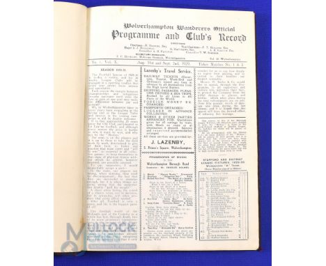 Pre-War 1929/1930 bound volume of Wolverhampton Wanderers home match programmes; contents are as follows: West Bromwich Albio