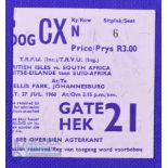 1968 British and I Lions Rugby, Ticket Fourth Test Ellis Park: White and blue seated ticket for