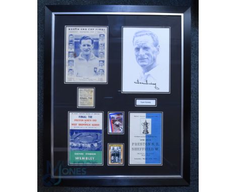 25" x 31" Framed and glazed montage of Tom Finney as featured in 1954; has photos of the 1954 FAC final programme &amp; ticke