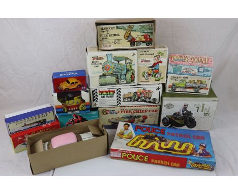 A collection of boxed transport related tin plate toys to include Harley Davidson &amp; Sidecar, Hawkey 1924 Type C, Power Bo