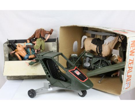 Collection of original Palitoy Action Man figures and accessories to include 7 x figures, Motorcycle &amp; Sidecar, horse, we