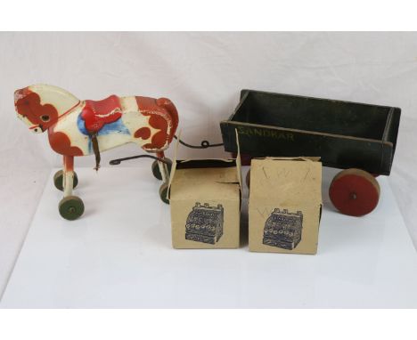 Scratch built wooden cart with 'Steiff' to back plus 2 x boxed The Latest Novelty tin plate Working Toy Register and a wooden