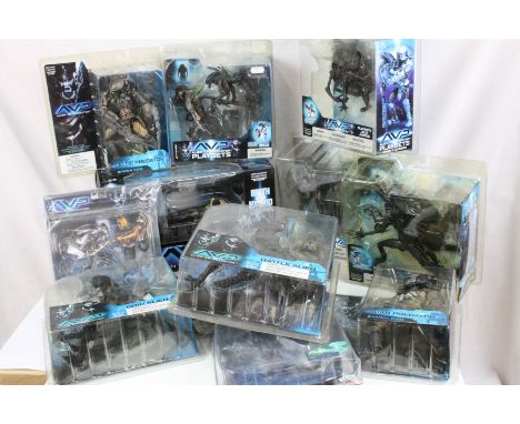 Ten carded and boxed McFarlane Alien vs Predator AVP figures/play sets to include Birth of The Hybrid Deluxe Playset, Celtic 