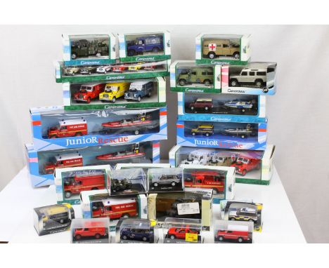 25 boxed Cararama diecast models to include Jeep Willys, 1:43 Land Rover Series III 109, OO scale Fire brigade vehicle, Junio