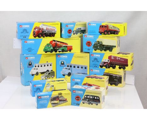 13 Boxed Corgi Classics diecast models to include 4 x Emergency Services, 2 x Classic Police, Scale Load Sacks, etc, all vg