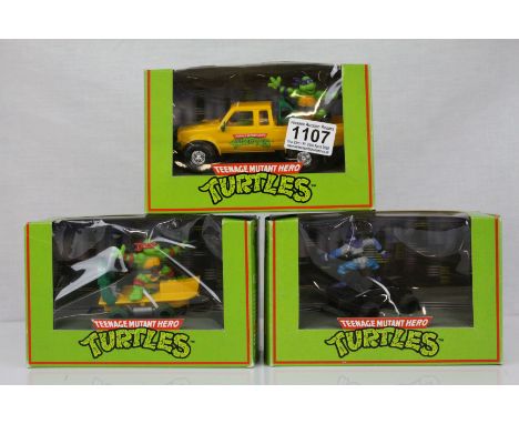 Three boxed Hornby Scalextric Teenage Mutant Ninja Turtles slot cars to include C132 Raphael Turtle Skateboard, C339 Footsold