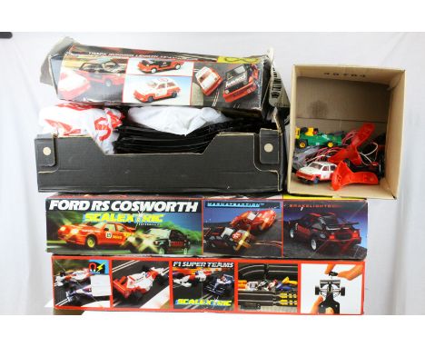 Large quantity of Scalextric to include boxed C575 RS Cosworth Racing Set, boxed C670 F1 Super Teams Set (both sets with orig