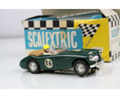 Boxed Triang Scalextric C74 Austin Healey 3000 slot car in green, with instructions, gd with yellow helmet driver, gd box wit