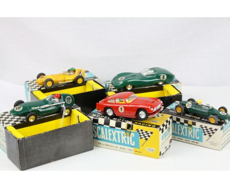 Five boxed Triang Scalextric slot cars to include MM C54 Lotus, MM E1 Lister Jaguar in green, MM C55 Vanwall in green, C68 As