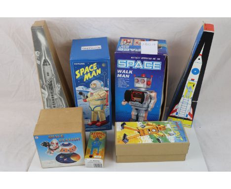 A collection of boxed space related tin plate toys to include Lilliput Robot, Atomic Robot Man, Space Station, Robot Space Wa