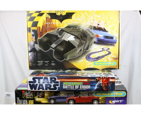 Three boxed TV related Scalextric sets to include Batman Begins, The Italian Job and Star Wars Battle of Endor, all appearing