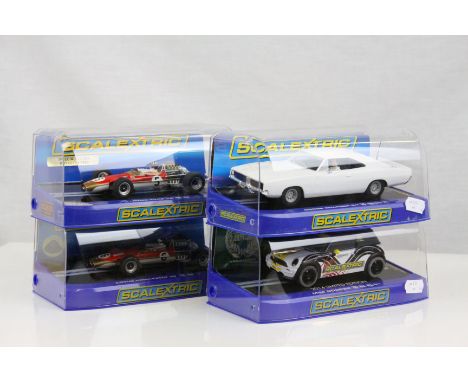 Four cased Scalextric slot cars to include C3223 1969 Dodge Charger R/T, ltd edn 22 of 60 C3499 Team Scalextric Mini NSCC, C2