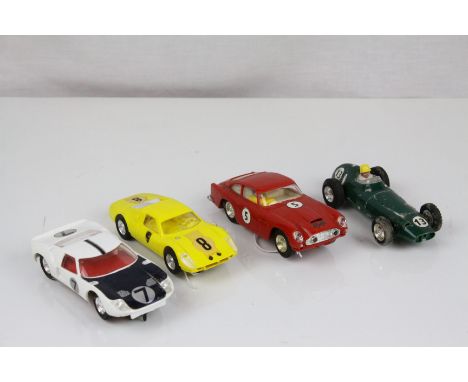 Four Triang Scalextric slot cars to include CK2 Porsche GT in yellow, Ford GT in white/black, C68 Aston Martin DB4 GT in red 