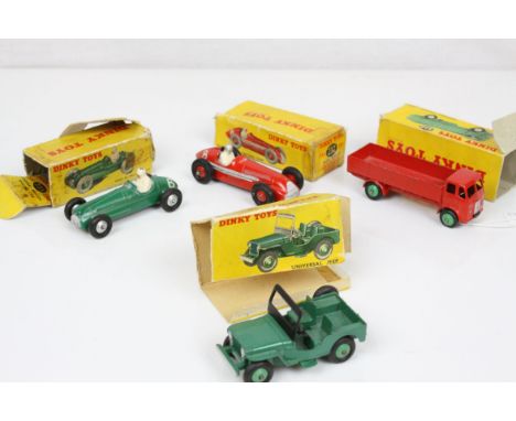Four boxed Dinky diecast models to include 420 Forward Control Lorry in red with green hubs, 405 Universal Jeep, 232 Alfa Rom