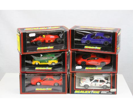 Six boxed Scalextric slot cars to include C457 Ferrari F1, C392 BP Metro, C349 Audi Quattro (split to box window), Ferrari F4