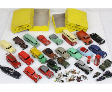 25 Mid 20th C Dinky play worn diecast models to include Hillman Minx, Austin Atlantic, ESSO Trojan etc plus 2 x empty Dinky b