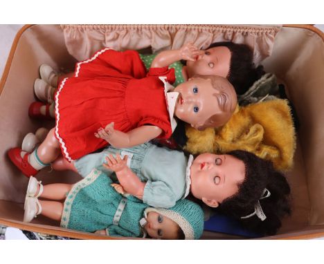 Six mid 20th C plastic dolls to include Rosebud and Reliable, plus vintage Sooty and Sweep puppets, and a collection of 16 No