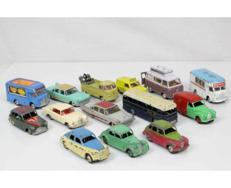 14 Mid 20th C Corgi &amp; Dinky play worn diecast models to include 2 x Corgi Smith's Karrier Vans (Joes Diner &amp; Mobile S