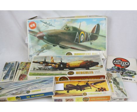 Seven boxed Airfix plastic model kits, all unmade, to include 24 scale Hawker Hurricane mk1, 72 scale Lockheed C130K Hercules