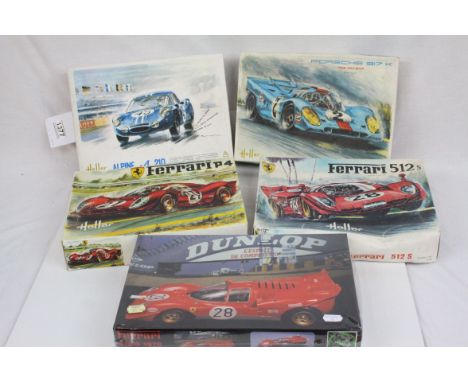 Five boxed 1/24 plastic model kits to include 4 x Heller (L735 Alpine 210, L744 Porsche 917 K, L734 Ferrari 512 S &amp; L737 