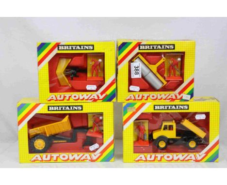 Four boxed Britains Autoway models to include 9831 Rear Dump, 9813 Unimog, 9839 Snow Plough and 9831 Heavy Roller, all vg