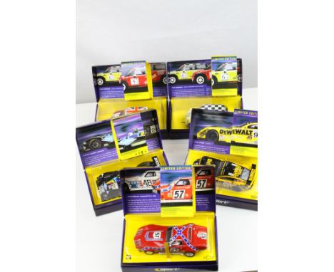 Five boxed ltd edn Scalextric slot cars to include C2521A Lister Storm LMP900, C2485A Mini Cooper, C2484A Mini Cooper, C2502A