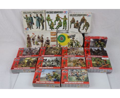 16 Boxed plastic military figures sets to include Tamiya x 3 (US Armoured Troops, German Soldiers Seated, German Army Officer
