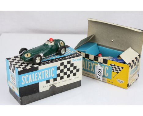 Two boxed Triang Scalextric slot cars to include C59 BRM in green and C63 Lotus RE in blue, both boxes with correct colour sp