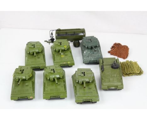 Seven Dinky diecast military tank models, some play wear plus a Britains accessory (8)