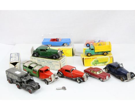 Collection of nine diecast / tin plate model vehicles to include Minic dark blue police car, Minic Ford Light Van box only, T