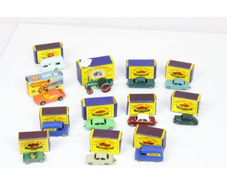 12 boxed Matchbox Lesney to include Moko Lesney 2 x No.25 Dunlop dark blue, orange &amp; black Dunlop decals, metal wheels, N