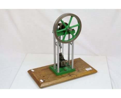 Stuart four pillar Overcrank Colliery live steam engine in green and grey livery, on wooden base, base measures 41 x 22cm and