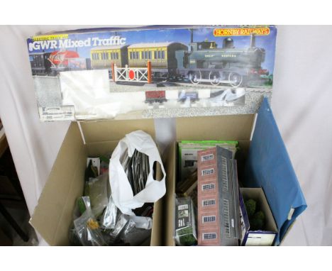 Quantity of OO gauge model railway accessories to include scenery, rolling stock, spares (2 boxes plus a part Hornby GWR Mixe