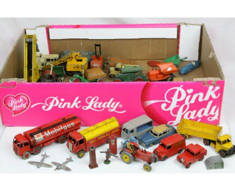 Quantity of mid 20th C play worn diecast models and figures, mainly Dinky examples, to include Foden Mobilgas, Dunlop Trojan,