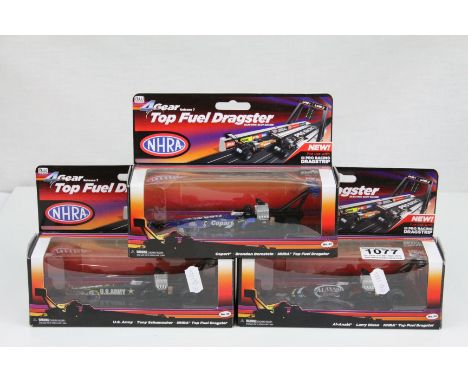 Three boxed NHRA Top Fuel Gear Dragster slot cars to include No 37 Copart, No 35 US Army and No 38 Al-Anabi