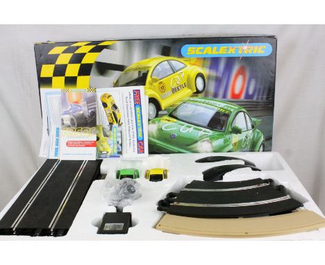 Boxed Scalextric Beetle Cup with both slot cars VW Beetle No 17 and No 18