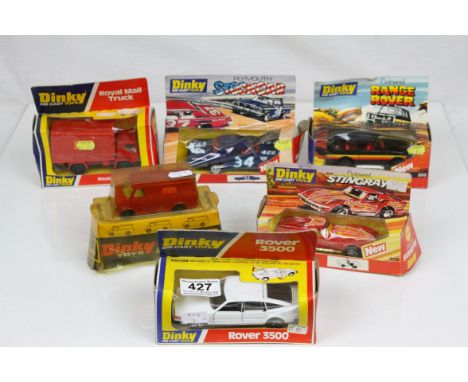 Six boxed Dinky diecast models to include 203 Customised Range Rover, 206 Customised Stingray, 201 Plymouth Stockcar, 385 Roy