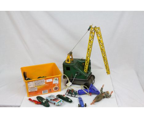 Tin plate Marx crane in green livery (play worn) plus a quantity of Triang Scalextric spares, repairs and parts