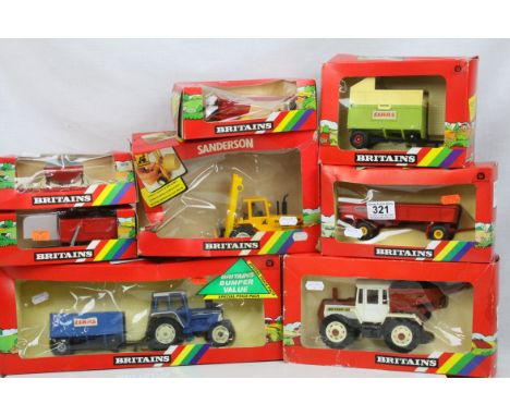 Eight boxed Britains farming models to include 9513 Sanderson Rough Terrain Forklift, 9597 Mercedes Benz Detachable Tractor, 