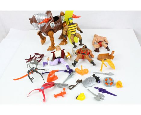 Original Mattel Masters of the Universe He Man figures and accessories, play worn to include Adam, Buzz Off, and Stridor with