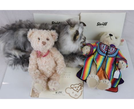 Three Steiff soft toys to include Lizzy Main Coon 2008 in grey &amp; white with certificate, Joseph Teddy Bear with certifica