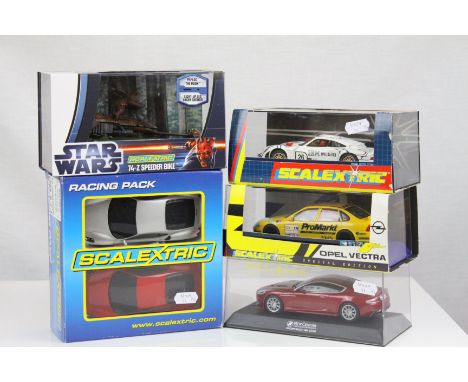 Five cased / boxed Scalextric slot cars to include Star Wars C3299 Ewok 74-Z Speeder Bike, C2190 Porshe 911, Porsche GT3R, Sp