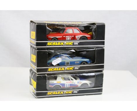 Three boxed Scalextric slot cars to include C128 BMW Turbo 320, C053 Datsun 260Z and C130 Triumph TR7 (some wear to boxes, ca