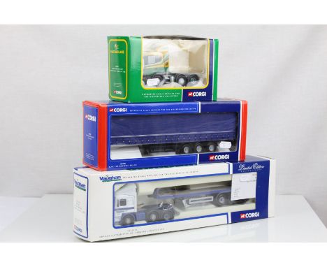 Three boxed Corgi ltd edn 1:50 diecast models to include CC12703 ERF ECS Flatbed Trailer Vaughan Logistics Ltd, CC12206 Scani