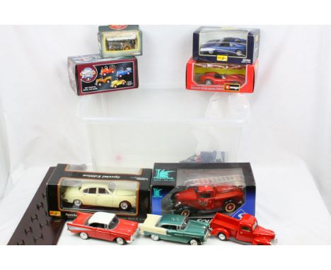 Collection of boxed and unboxed model vehicles to include Solido Prestige 8056 Ford Pompiers 1936, Maisto 1:18 Jaguar mark II