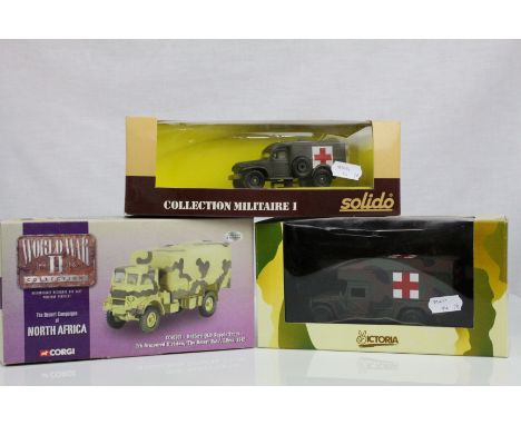 Three boxed military diecast models to include Corgi World War II Collection The Deserts of North Africa CC60303, Solido No 6