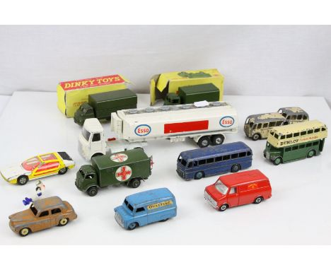 11 play worn Dinky diecast models to include boxed 623 Army Covered Wagon, boxed 621 3 Ton Army Wagon, (both boxes missing en