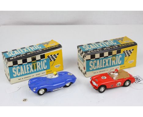 Two boxed Triang Scalextric slot cars to include C74 Austin Healey 3000 in red and C60 D Type Jaguar in blue, both appearing 
